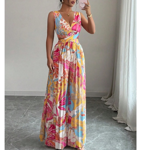 Boho Multicolor V neck Sleeveless Cut out Pleated Wide Leg Jumpsuit - Picture 3 of 5